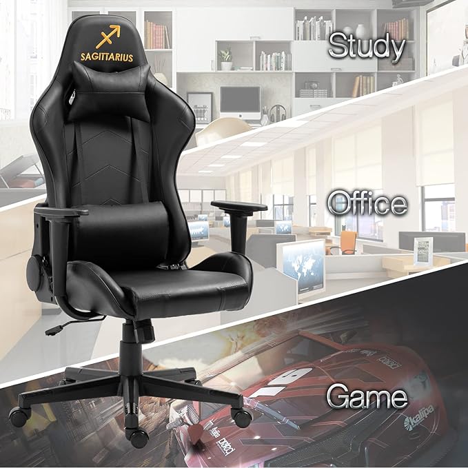 Modern-Depo Gaming Chair with Zodiac Star Sign Sagittarius Astrology Logo Ergonomic Computer Chair with Headrest Lumbar Support Swivel and Recline Black