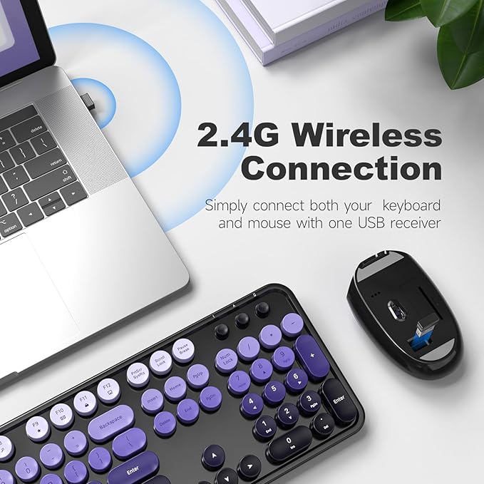 Wireless Keyboard and Mouse Combo MOWUX Colorful Computer Full Size 2.4G Plug and Play Wireless Typewriter Keyboard and Mouse Set for Computer Desktop PC (Black&amp Purple Gradient)