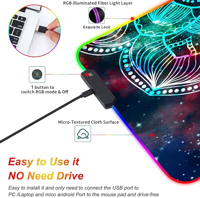 Customized RGB Gaming Mouse Pad and Coffee CoasterLarge Glowing Led Anti-Slip Rubber Base Computer Keyboard Desk Mouse Mat 31.4x11.8 InchMandala in Galaxy