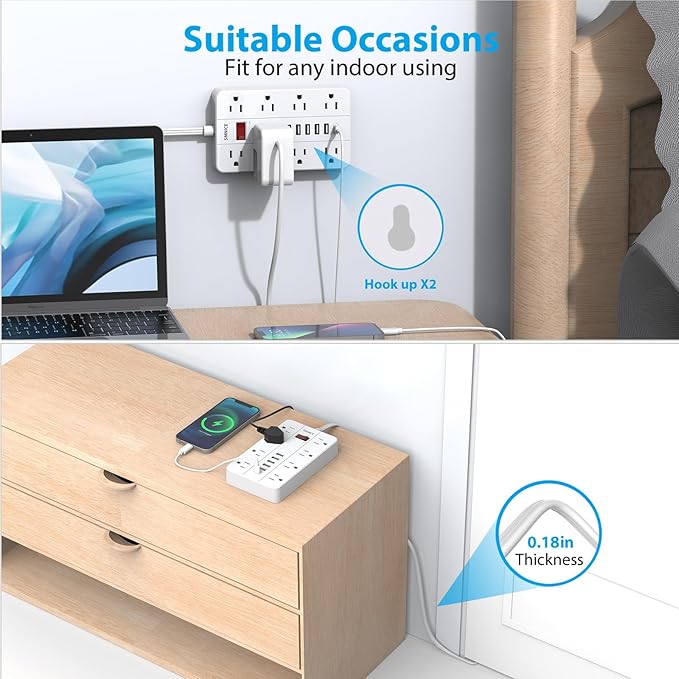 Power Strip with USBSurge Protector Flat Plug with 8 Widely Spaced Outlets and 6 USB Ports(1 USB C) 5ft Extension Cord Wall Mountable Phone Tablet Laptop Computer Multiple Devices