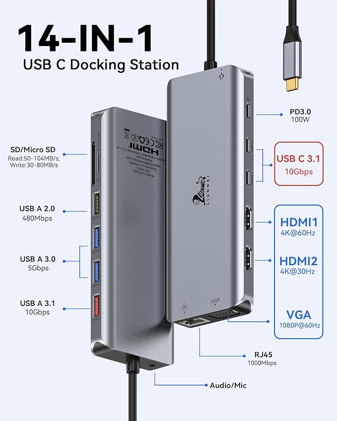 USB C Docking Station Dual Monitor for Laptop LIONWEI 14-in-1 USB-C Hub with Triple Display 2 HDMI + VGA Ethernet 6 USB A/C 3.0/2.0 PD SD/TF Audio USBC Dock for Surface/HP/Dell/Lenovo/MacBook