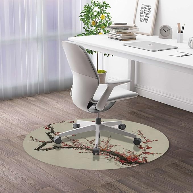 Burgundy Black PU Leather Chair Mat for Hardwood Floor &amp Tile Floor Nature Cherry Branches Flowers Anti-Slip Low Pile Under Desk Rug Large Floor Protector Apartment Decor Diameter 39.4 in