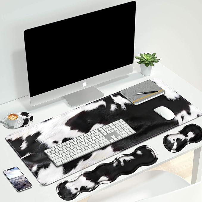 4 in 1 Ergonomic Keyboard Wrist Rest &amp Mouse Pad Wrist Rest Set Large XXL Gaming Desk Mat 31.5x 11.8 with Non-Slip Base Memory Foam for Home Office Study Gaming Black and White Cow Print