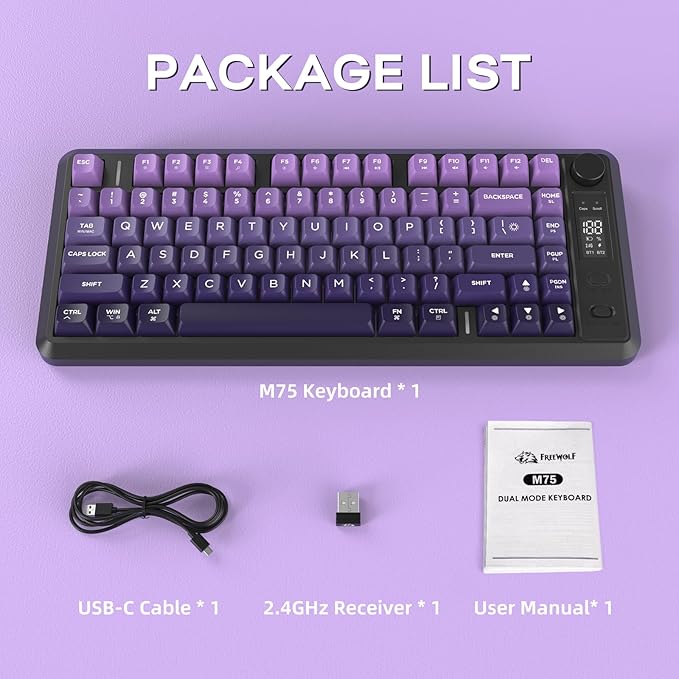 M75 Wireless Gaming Keyboard Mechanical Feel Membrane with Knob &amp OLED Display Bluetooth/2.4Ghz Rainbow Backlit Gradient PBT Keycaps 2000mAH Battery Anti-Ghosting-Purple