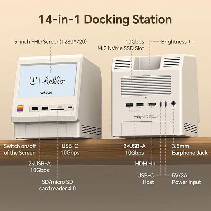 M5 Retro Dock Station for Mac mini M4 5’inch HD Display 10Gbps M.2 NVMe SSD Enclosure SD/Micro SD Reader 4.0 4*USB-A 1*USB-C 10Gbps 3.5mm Earphone Jack