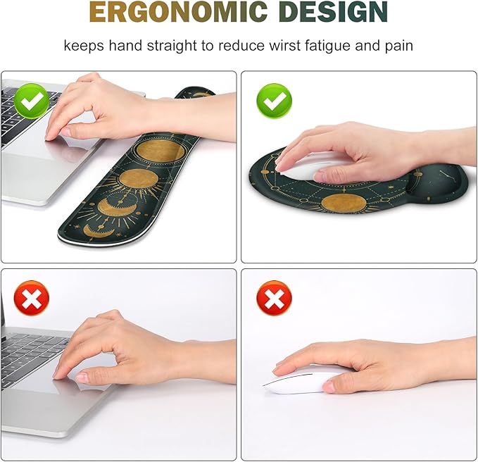 Large Desk Mat Gaming Mouse Pad Desk Pad Protector XXL Mousepad + Keyboard Wrist Rest+Mouse Wrist Rest+Coaster Ergonomic Desk Pad for Home Office Decor Dark Green Gold Moon Phases Constellation