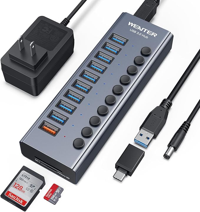 WENTER Powered USB Hub 3.0 with SD/TF Card Reader Aluminum 10 Port Powered USB Hub (9 USB 3.0 Data Transfer Port &amp 1 USB Fast Charging Port Hub) USB 3.0 Hub for PC Laptop