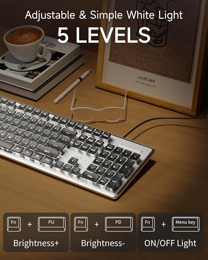 EWEADN GX710S Backlit Computer Keyboards Wired USB Keyboard with White Backlit Metal Panel Plug and Play Pudding Keycaps Full Size Quite Computer Keyboard for Win/PC/Laptop-Black