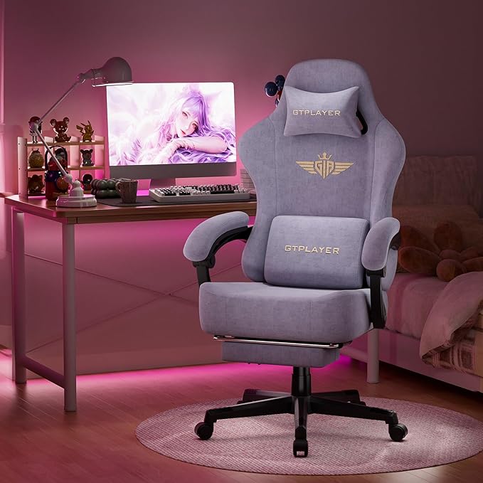 GTPLAYER Gaming Chair with Pocket Spring Cushion High Back Ergonomic Computer Chair with Footrest for Adults Lumbar Support Swivel Game Chair for Office Gaming 350LBS Fabric Macaron Purple