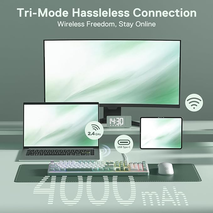 Redragon K761 Wireless Gasket Gaming Keyboard w/Hype Screen &amp Knob 104 Keys Mechanical Keyboard Easy-Control 1.26’’ TFT Info Display 5-Layer Noise Dampening Custom Linear Switch Jade Cloud Co