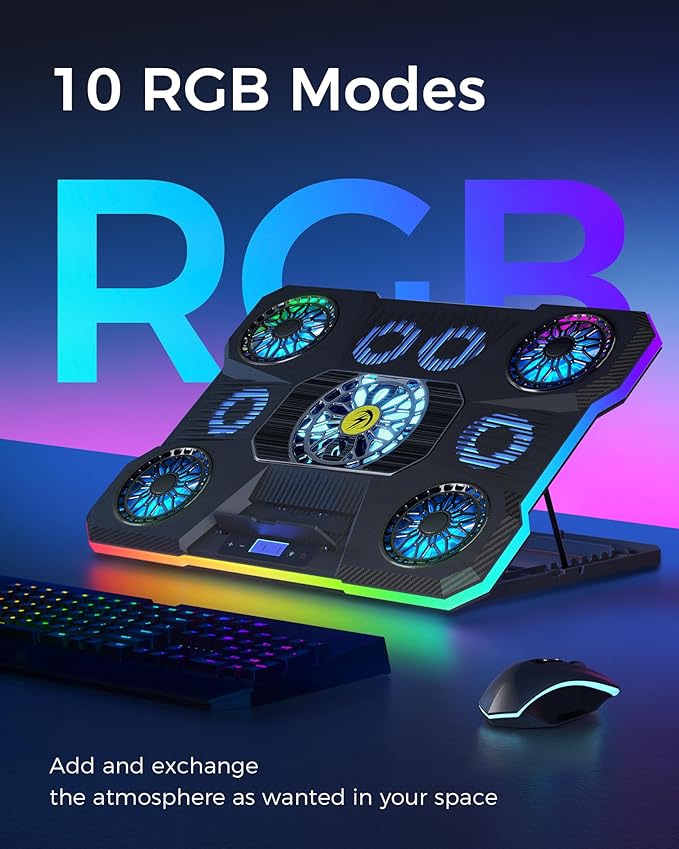 ChillCore Laptop Cooling Pad RGB Lights Laptop Cooler 9 Fans for 15.6-19.3 Inch Laptops Gaming Laptop Fan Cooling Pad with 8 Height Stands 2 USB Ports - A21 Blue