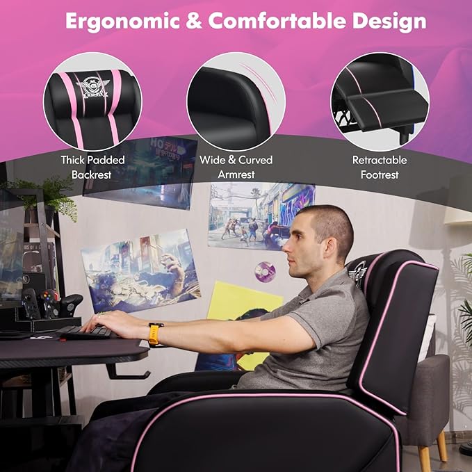 GYMAX Gaming Recliner Massage Gaming Chair w/Adjustable Footrest Remote Control &amp Side Pocket Ergonomic Game Lounge Chair Racing Style Single Theater Seat Game Sofa for Adults (Pink)