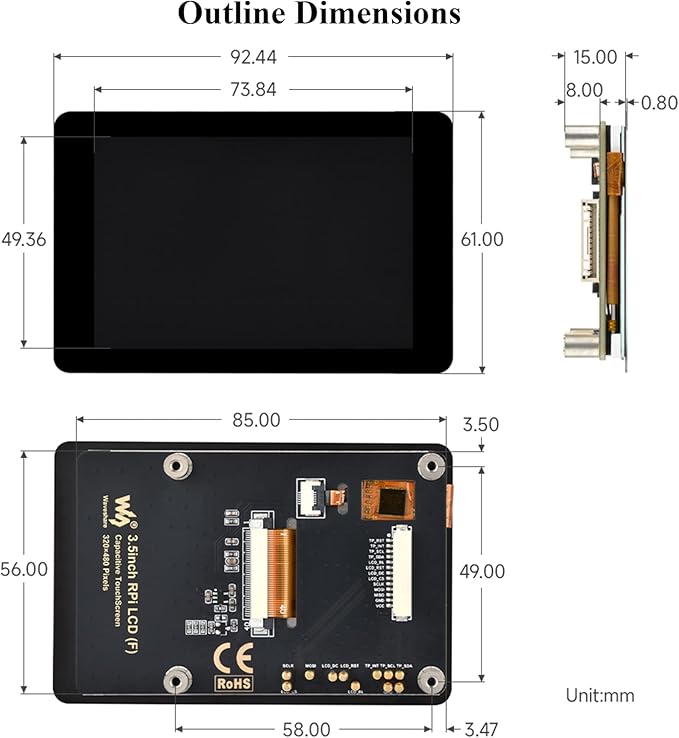 3.5inch Capacitive Touch Display Compatible with Pi 5/4B/3B+/3B/Pico W/Pico 2W/ ESP32  IPS LCD Screen 320×480 Resolution 262K Color Pigo Pin Header and GH1.25 13PIN Cable Two Connection Ways