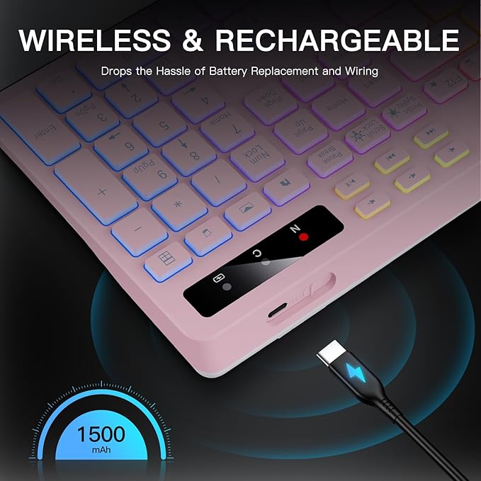 Wireless Keyboard with 7-Color RGB Backlit Full-Size Computer Keyboard with Phone Tablet Holder 2.4G Rechargeable Gaming Keyboard with Light Up Keys Compatible with Mac Windows (Pink)