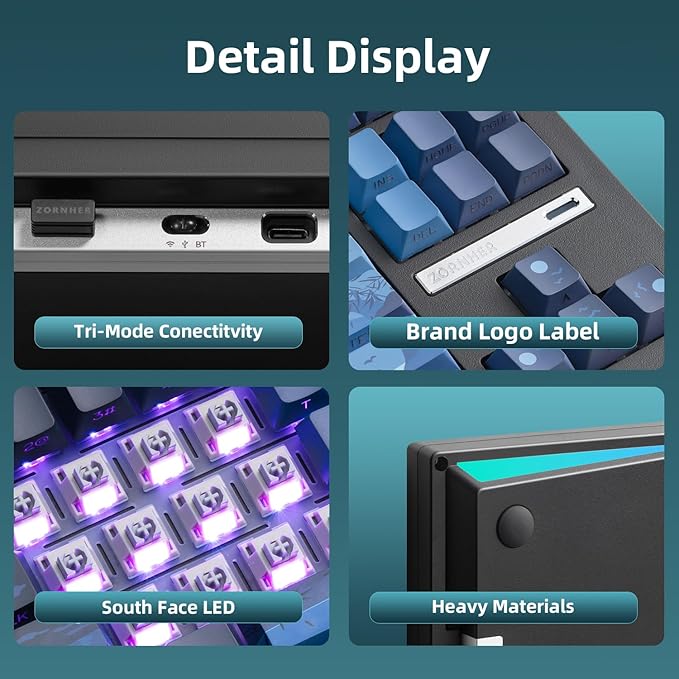 ZORNHER ZH870 Wireless Mechanical Gaming Keyboard80% Blue Custom Creamy Sound Keyboard with Lighted Up Dye Sublimation PBT KeycapsPre-lubed Linear SwitchesHot-SwappableRGB Backlit