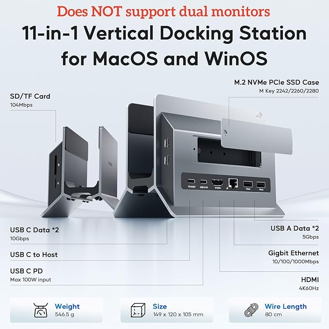 Vertical MacBook Docking Station PULWTOP Docking Station for Mac mini with M.2 NVMe case for MacBook Pro/Air 4K@60Hz HDMI 2USB C 10Gbps SD/TF 100W PD RJ45 2 USB A for Windows Laptops