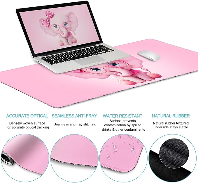 Elephant Mouse Pad Desk Mat Set Kawaii Gaming Ergonomic Mouse Pad with Wrist Support Wrist Rest for Computer Keyboard Cup Coaster Cute Pink Elephant Office Supplies Desk Decor Accessories