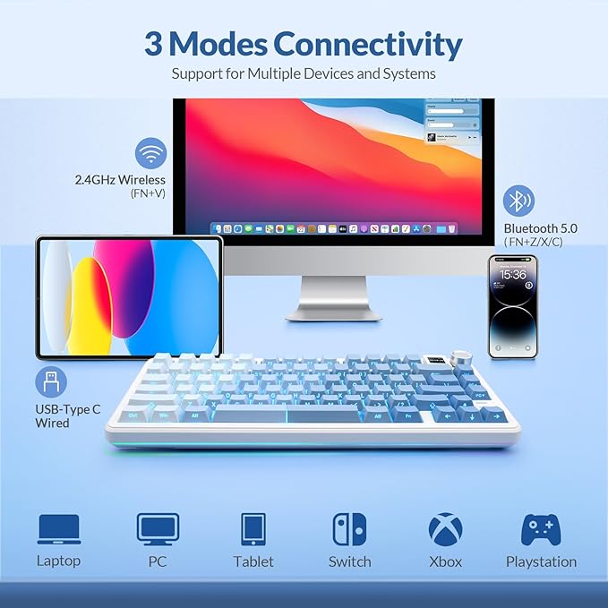 Rii RK805 Wireless Gasket Mechanical Keyboard with TFT Screen and Knob75% Creamy Gaming Keyboard with RGB BacklightTri-Mode BT/2.4G/USB-CHot Swappablefor Windows/Mac/Linux(Blue Gradient)
