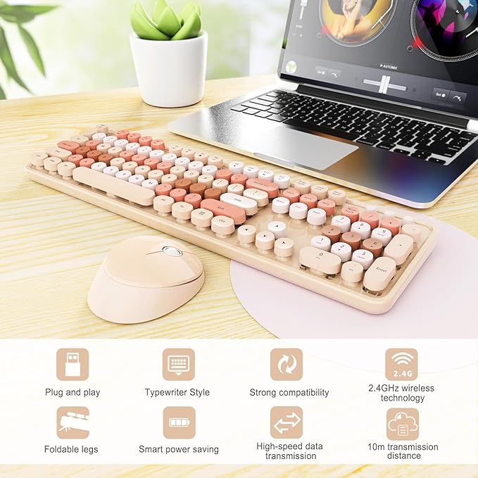 Wireless Keyboard and Mouse Combo Ergonomic Full Size Typewriter Retro Round Keycaps Keyboard Compatible with Windows PC Perfer for Home and Office Keyboards (Chocolate Color)
