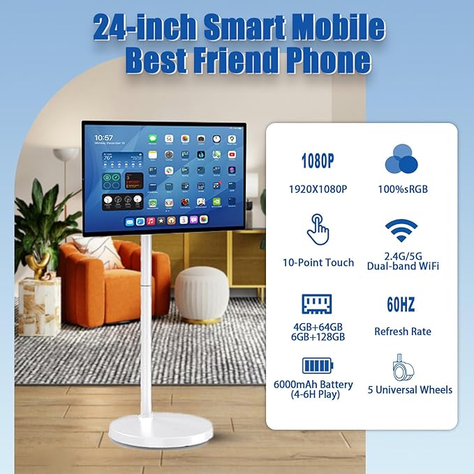 24 Inch Portable Smart Screen on Wheels Wireless Touch Monitor Android 12 Full-Motion Mount 1080P Touch Screen for Streaming Work and Multi-Purpose Use 6+128GB