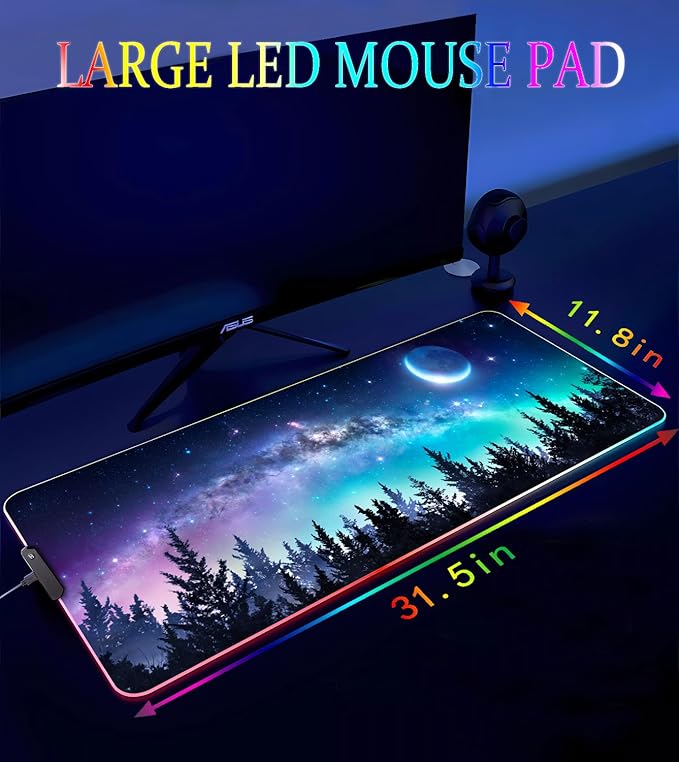 RGB Gaming Mouse Pad Large Mousepad with Led Light Gaming Accessories Keyboard Pad for Desk Non-Slip Rubber Base Big Mouse Mat for Gamer 31.5 X 11.8 Inch Moon Starry Sky