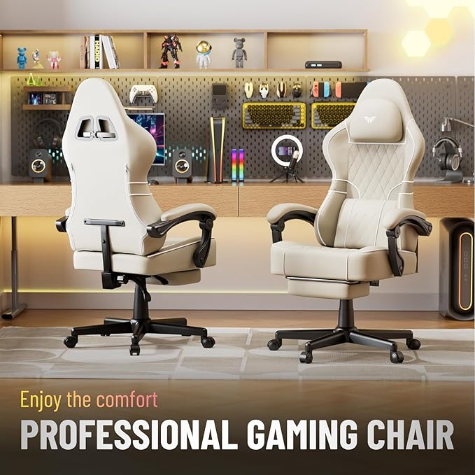 Ferghana Leather Ergonomic Gaming Chair with Footrest and Linkage Armrest High Back Computer Game Chair with Massage Lumbar Support for Adult(Beige)