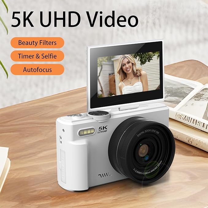 5K 75MP Digital Camera 18X Digital Zoom Upgraded Vlogging Cameras with WiFi &amp Mic Wide Angle &amp Macro Lens 3 180°Flip Screen Webcam Travel Cameras for Teens Beginner with 64GB Card HDMI