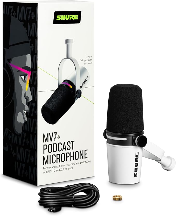 Shure MV7+ Podcast Dynamic Microphone – OBS Certified Enhanced Audio LED Panel USB-C &amp XLR Outputs Auto Level Mode Digital Pop Filter Reverb Effects – For Podcasting Streaming Recording W