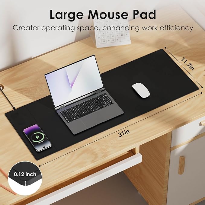 Magnetic Mouse Pad with Wireless Charging 31'' x 11.7'' Extra Large Desk Pad Waterproof and Scratch-Resistant Mousepad Charcoal Black Computer Mouse Mat for MacBook PC Laptop