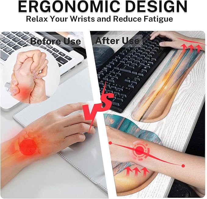 Arttown Summer Ocean Sun Desk Mat Sand Beach Mouse Pad Set 4 in 1 Cloud Sea Wave Ergonomic Design Large Desk Pad + Keyboard Wrist Rest + Mouse Wrist Rest + Coaster Suitable for Home Office Study Game
