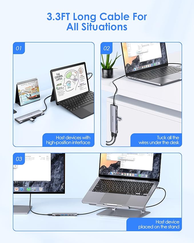 LENTION 8-in-1 USB C Hub Docking Station with 3.3FT Long Cable 4K HDMI USB A&ampC SD/TF Card Reader Aux 100W PD Charging for MacBook Pro/Air Dell HP Chromebook Steam Deck (C37-1M Space Gr