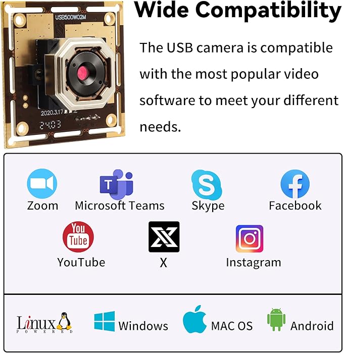 5MP Autofocus USB Camera Module 1944P 15fps Webcam with 60 Degree Lens Lightburn Camera for Raspberry PI Laptop Jetson Nano Compact Webcam for Monitoring Industrial Inspection VR