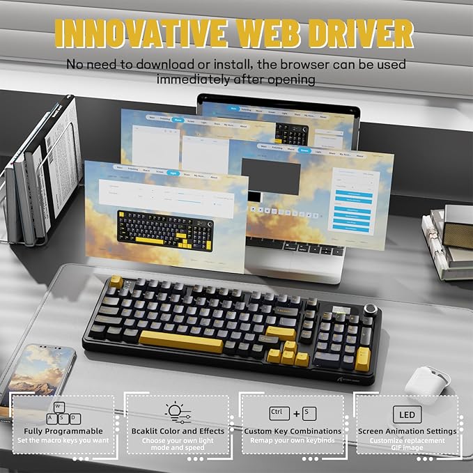 ATTACK SHARK X98PRO Wireless Mechanical KeyboardMulti-Function Knob&ampTFT ScreenTri-Mode BT/2.4G Hz/USB-C Wired KeyboardHot-Swap RGB Backlit4000mAh 98 KeysCloud Drivefor Win/Mac/Linux-Starry B