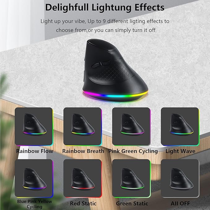 Ergonomic Bluetooth Wireless Vertical Mouse 3 Device Connection (BT1/BT2 + 2.4G USB) RGB 3200 DPI Type C Rechargeable Portable Cordless Optical Mice Reduce Wrist/Hand Strain for PC Computer Laptop