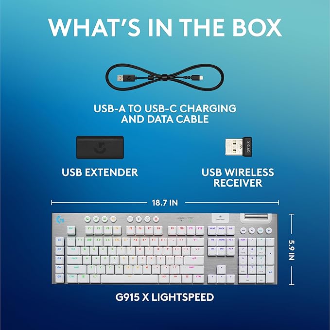 Logitech G915 X Lightspeed Low-Profile Wireless Gaming Keyboard Double-Shot PBT Keycaps Fully Programmable Keys RGB Backlighting Sleek Aluminum Finishing GL Brown Tactile Switches-PC/Mac - White