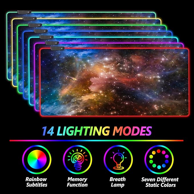 AIMSA Large Gaming Mouse Pad RGB Keyboard Led Mousepad Extended 35.4 x 15.8 inch Non-Slip Rubber Base with 14 Lighting Modes Desk Mat Colorful Galaxy Nebula