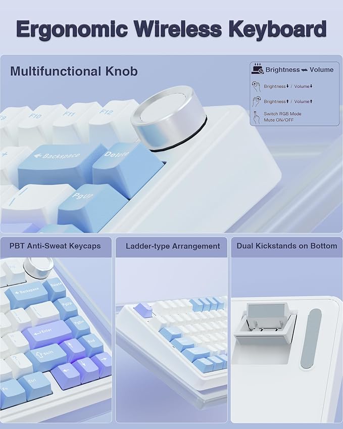 AULA F75 75% Wireless Mechanical Keyboard Hot Swappable Creamy Keyboard Pre-lubed Star Vector Switches RGB Backlit Gaming Keyboards 2.4GHz/Type-C/BT5.0(White&ampBlue&ampPurple)