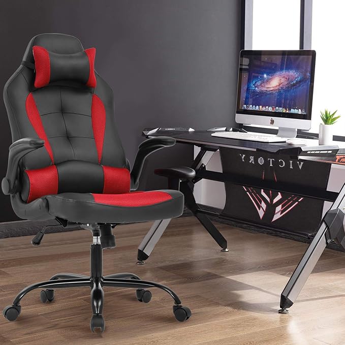 PC Gaming Chair Video Game Chair Racing Style Office High Back Desk Executive PU Leather Rolling Task Swivel Computer with Lumbar Support HeadrestRed