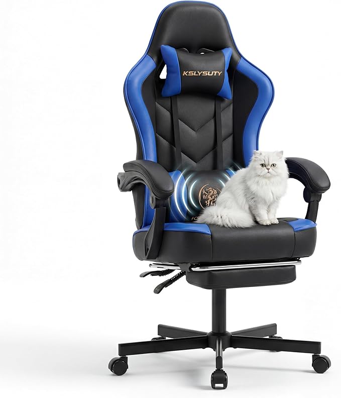 Desk Computer Gaming Chair - High Back Ergonomic Office Chair with Footrest and Lumbar Support Swivel Comfy Home Gamer Video Game Chairs with Pocket Spring Cushion for Adults (Blue Leather)