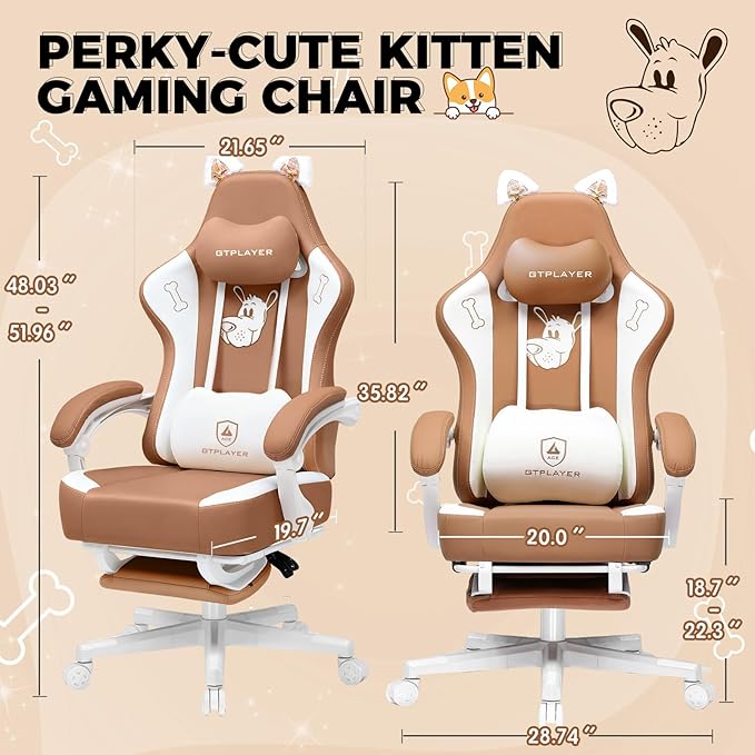 Gaming Chair Cute with Cat Ears Ergonomic Computer Chair with Dog Embroidery Adjustable Memory Foam Lumbar Support and Headrest Comfortable Reclining Office Chair for Girls Teens Women