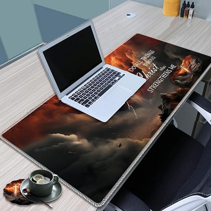 Large Game Mouse Pad + Wrist Support Pad + Coffee Coaster Desk Pad with Sewn Edges Anti-Slip Set pad Suitable for Office Work and Home - Holy Cross Bible Philippians 4-13