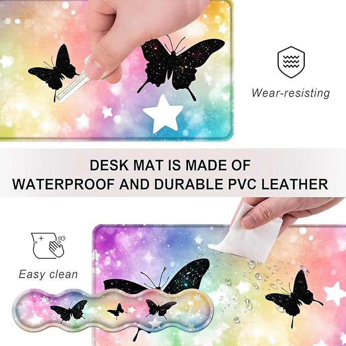 Mouse PadLarge Desk Mat Set 4in1 XL Mousepad + Keyboard Wrist Rest+Mouse Wrist Rest+Coaster with Ergonomic Desk Pad for Home Office Table Computer Cover -Butterfly Silhouettes and Stars