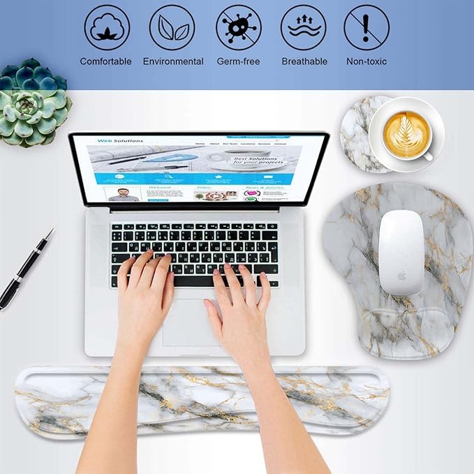 Keyboard Wrist Rest Pad Ergonomic Mouse Pad SetNon-Slip PU Base for Laptop Home Gaming OfficeMatching Elephant Pen Holder and Cup Coaster(Gold Marble) …