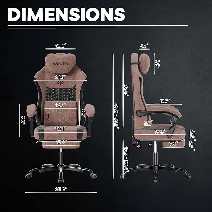 SUKIDA Ergonomic Gaming Chair — Premium Computer Video Gaming Chair with Massage Lumbar Support Adjustable Headrest &amp Footrest Plush Chenille Fabric for Office and Home UseBrown