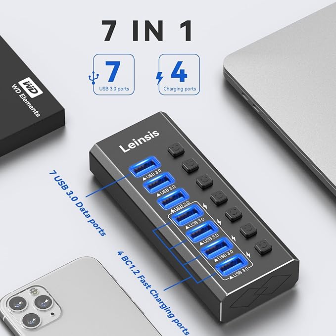 Powered USB Hub 3.0 Leinsis 7-Port USB 3.0 Hub [Durable Aluminum] 7 Data Transfer Ports+ 4 Smart Charging Ports with Individual On/Off Switches USB Hub 3.0 Powered with Power Adapter for Laptop PC