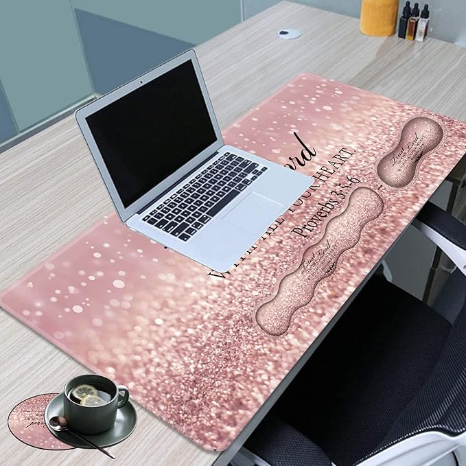 Gaming Mouse Pad Set Large Gaming Mouse Pad+Keyboard Wrist Rest+Mouse Wrist Rest+Coaster Easy Typing Pain Relief 31.5 × 11.8 inch Desk Mat for Home Office Proverbs 3:5-6