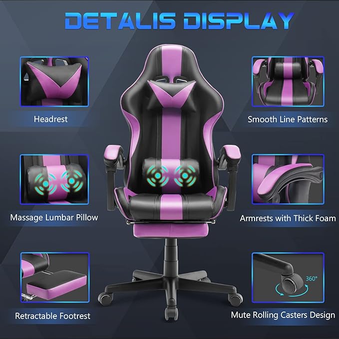 Huracan Gaming Computer Chair with Footrest and Lumbar Support Adjustable Video Game Chairs for Adults Ergonomic Reclining Desk Chair with Headrest for Office or Gaming Purple