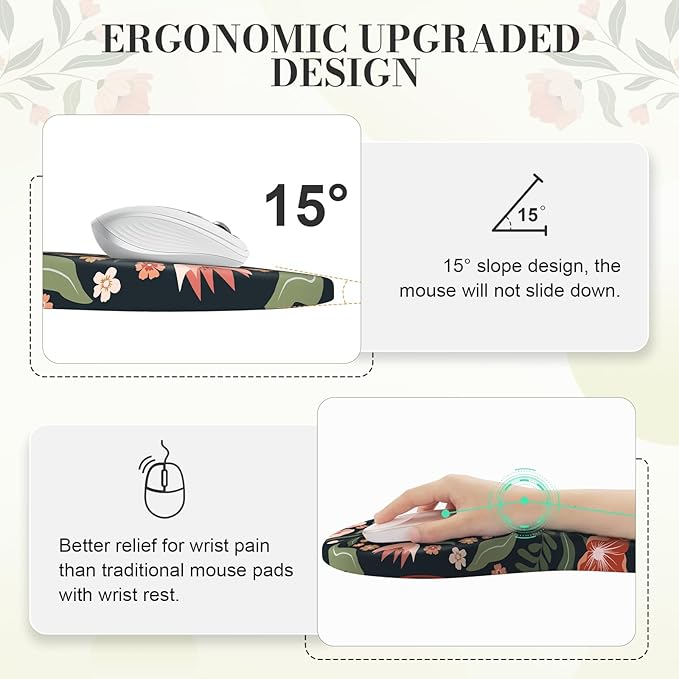 Keyboard Mouse Pad Set Floral Desk Wrist Pad Comfortable Keyboard Wrist Rest and Coaster Non-Slip Table Decor Desk Accessories for Women