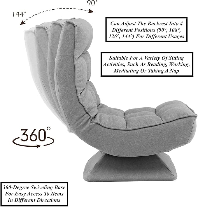 Grey 360° Swivel Floor Chair Video Game Gaming Floor Chair Lounge Chair Lazy Chair with Massage Lumbar Pillow 5 Level Adjustable Backrest Foldable Design Heavy-Duty Steel Frame Soft Padded Seat