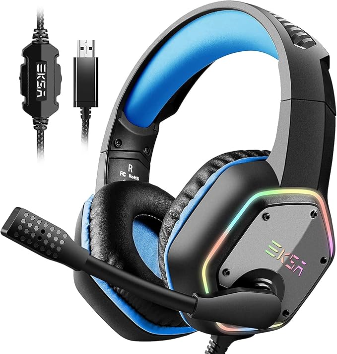 EKSA E1000 Gaming Headset Computer Headphones with Noise Canceling Mic &amp RGB Light 7.1 Surround Sound Compatible with PC PS4 PS5 Console Laptop (Blue)